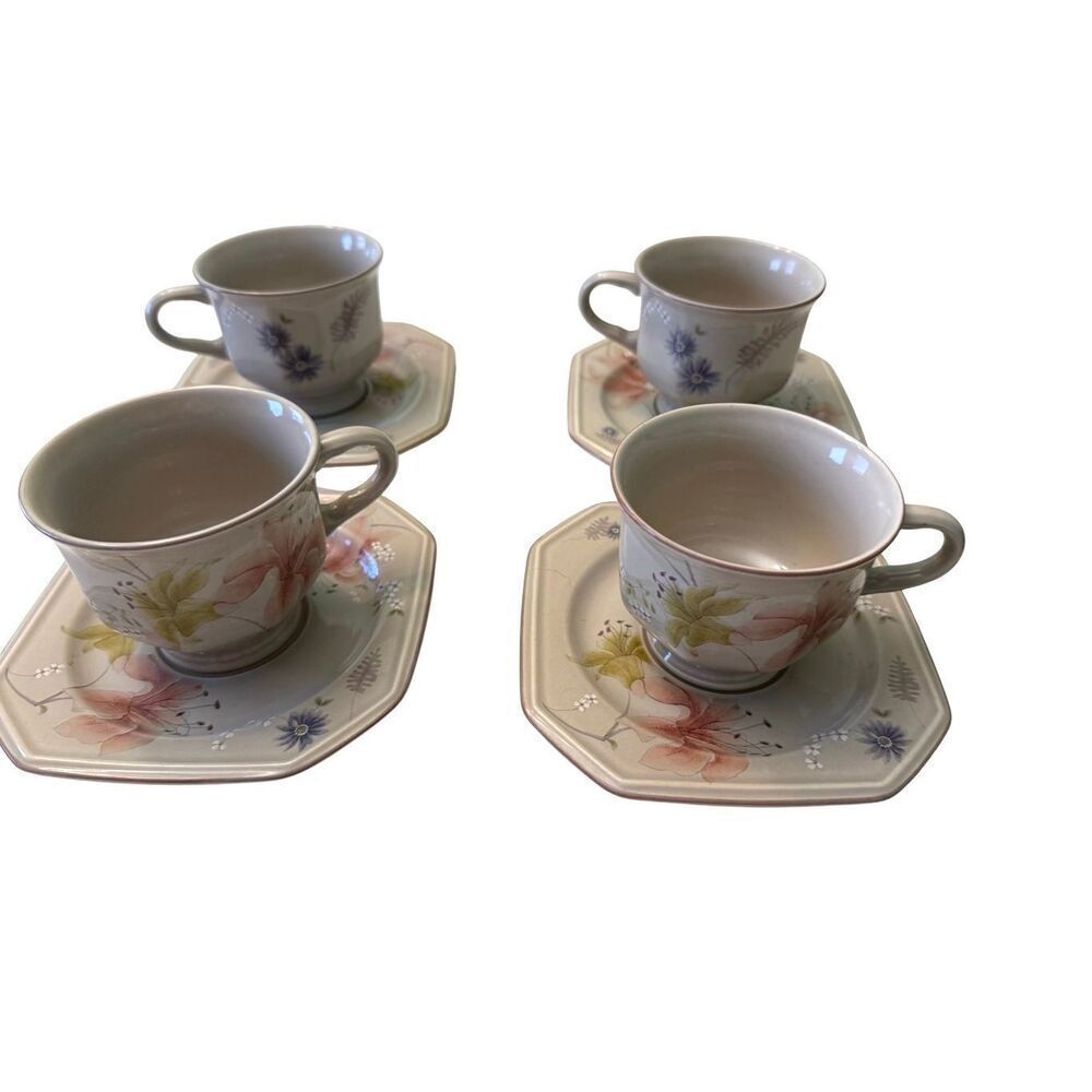 Mikasa Continental Janette Footed Cups and Saucers Lot of 4 Vintage Multi-Floral